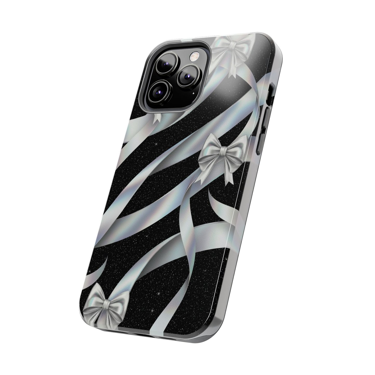 Silver Ribbon Bow Tough Phone Case — Glitter Black Protective Phone Case