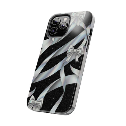 Silver Ribbon Bow Tough Phone Case — Glitter Black Protective Phone Case
