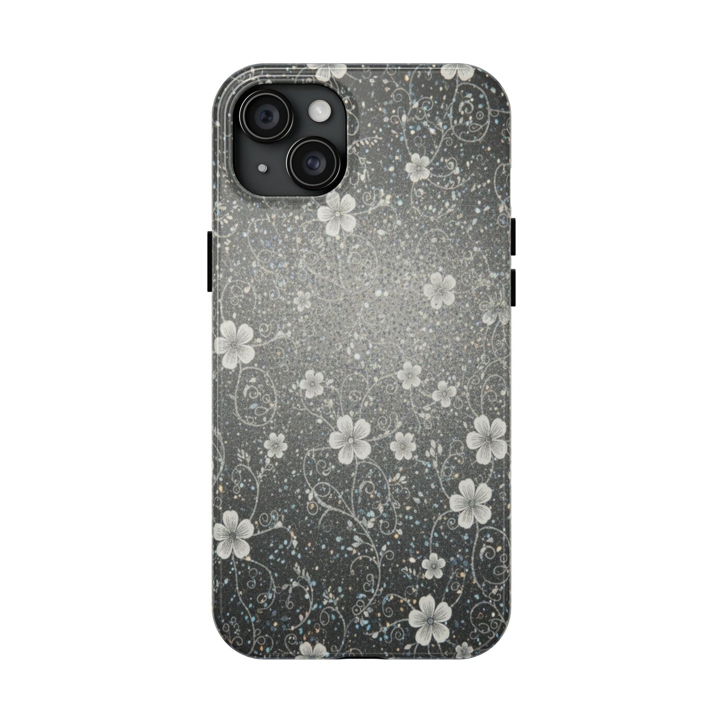 Floral Sparkle Tough Phone Case — Black & Silver Vintage Blossom