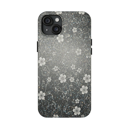 Floral Sparkle Tough Phone Case — Black & Silver Vintage Blossom