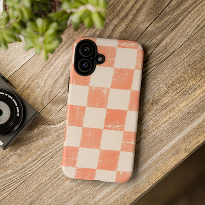 Peach Checkerboard Tough Phone Case — Retro Distressed Grid Design