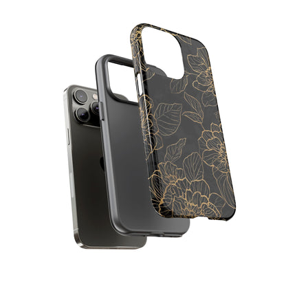 Floral Gold Outline Tough Phone Case – Black Botanical Protective Cover