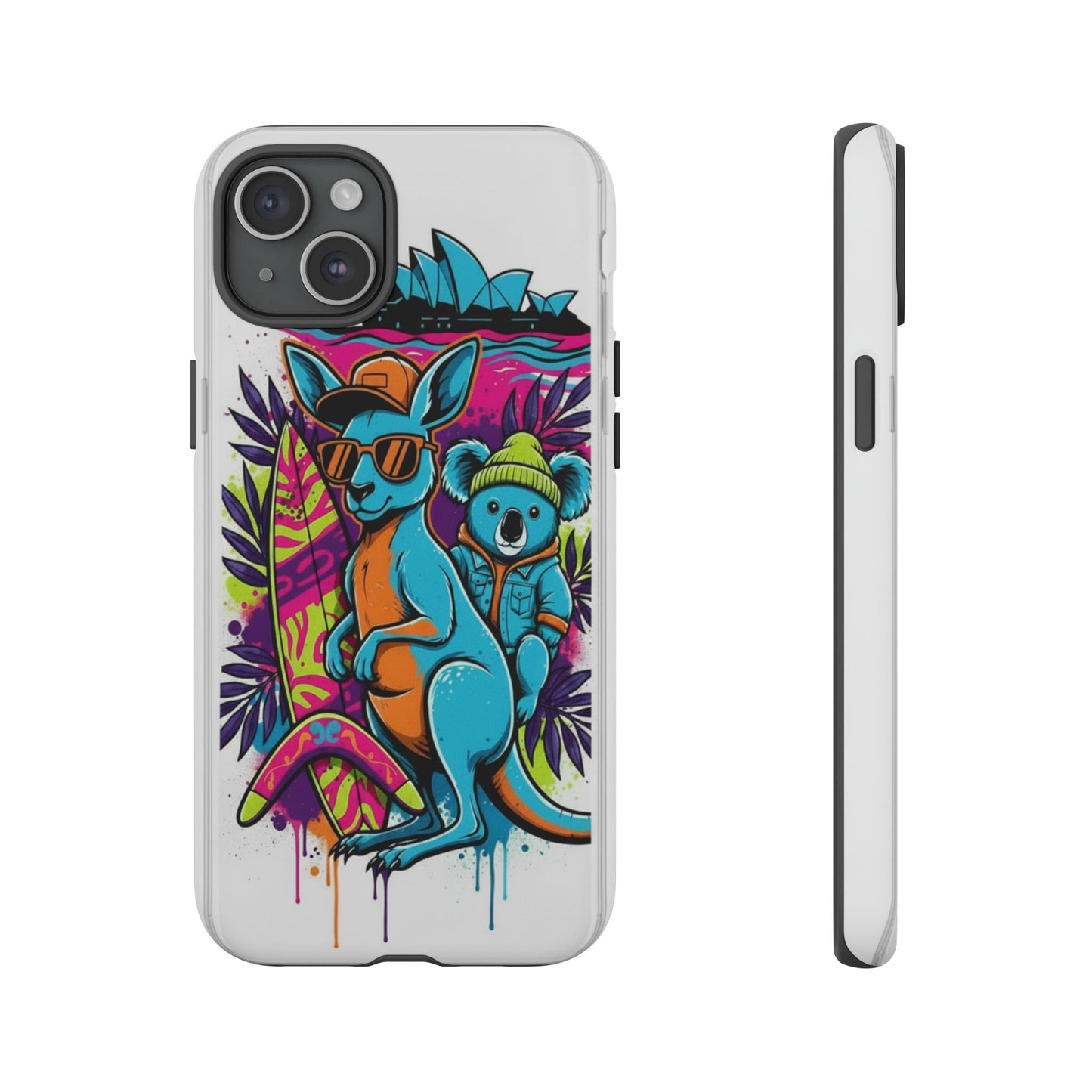 Kangaroo & Koala Surf Phone Case — Retro Neon Beach Art Tough Case