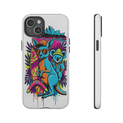 Kangaroo & Koala Surf Phone Case — Retro Neon Beach Art Tough Case