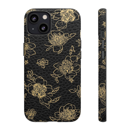 Floral Leather Phone Case — Gold Outline Flowers on Black Tough Case