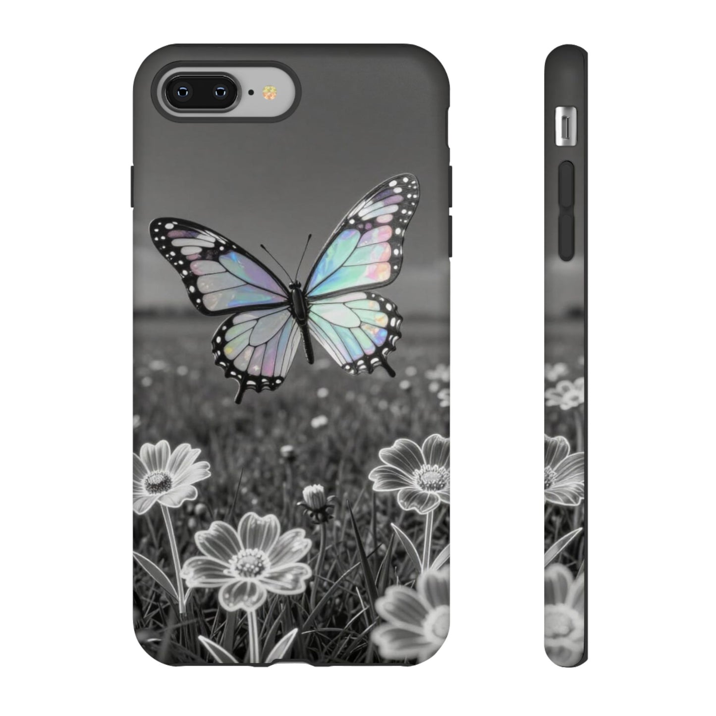 Butterfly Field Tough Phone Case — Pastel Holographic Butterfly on Black & White Floral Background