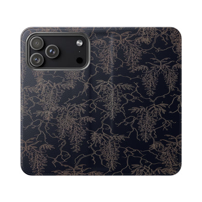 Botanical Noir Flip Phone Case — Dark Floral Wallet Cover with Card Slots