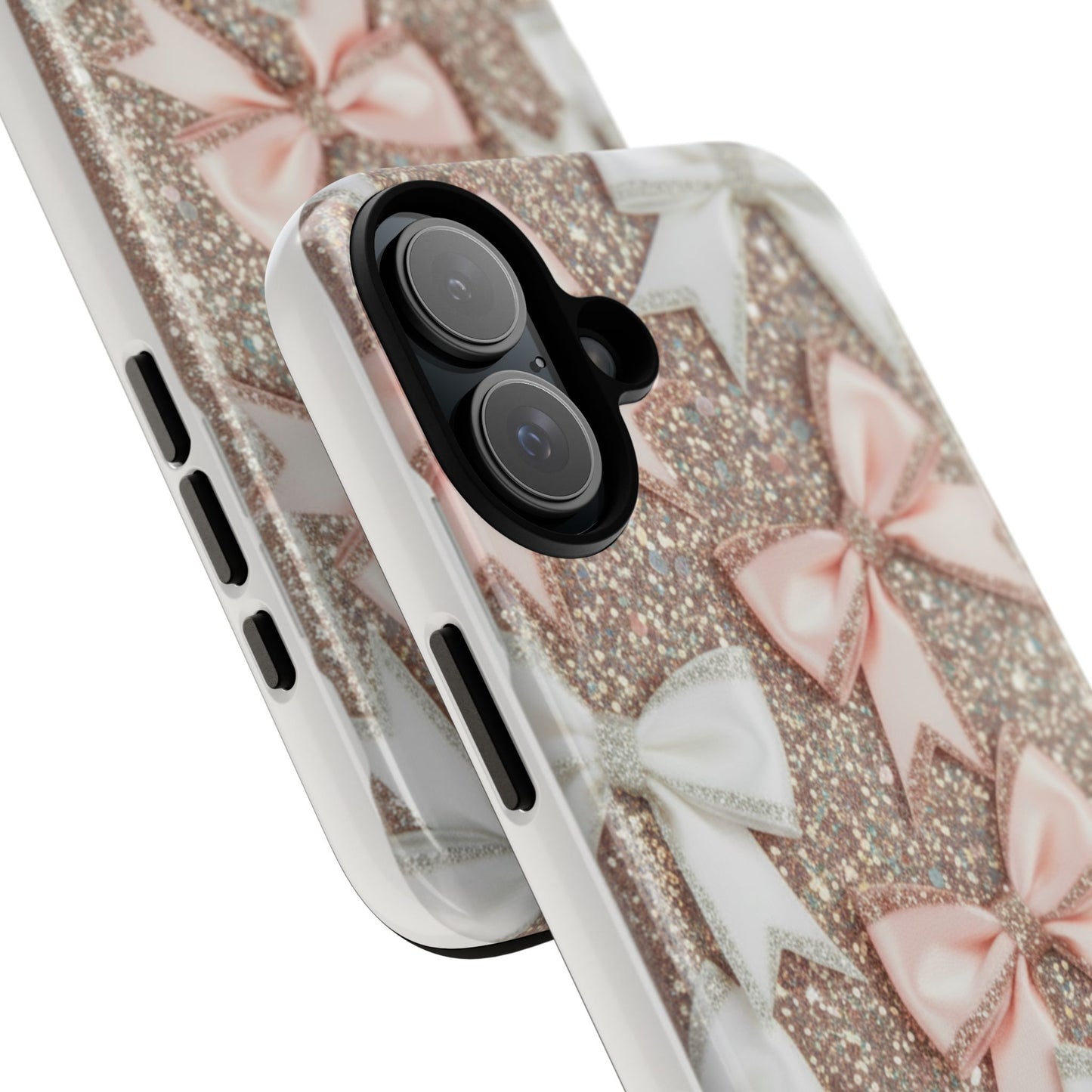 Glitter Bow Tough Phone Case — Pink & White Ribbon Protective Cover