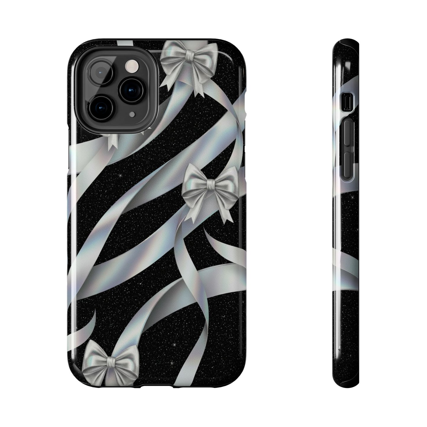 Silver Ribbon Bow Tough Phone Case — Glitter Black Protective Phone Case