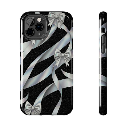 Silver Ribbon Bow Tough Phone Case — Glitter Black Protective Phone Case