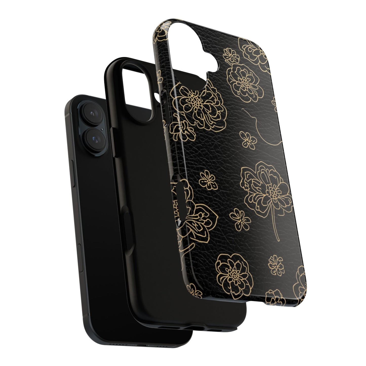 Floral Leather-Texture Tough Case – Black Gold Outline Phone Cover