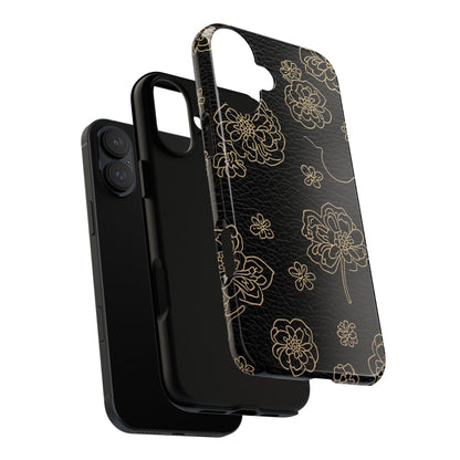 Floral Leather-Texture Tough Case – Black Gold Outline Phone Cover