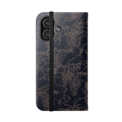 Botanical Noir Flip Phone Case — Dark Floral Wallet Cover with Card Slots