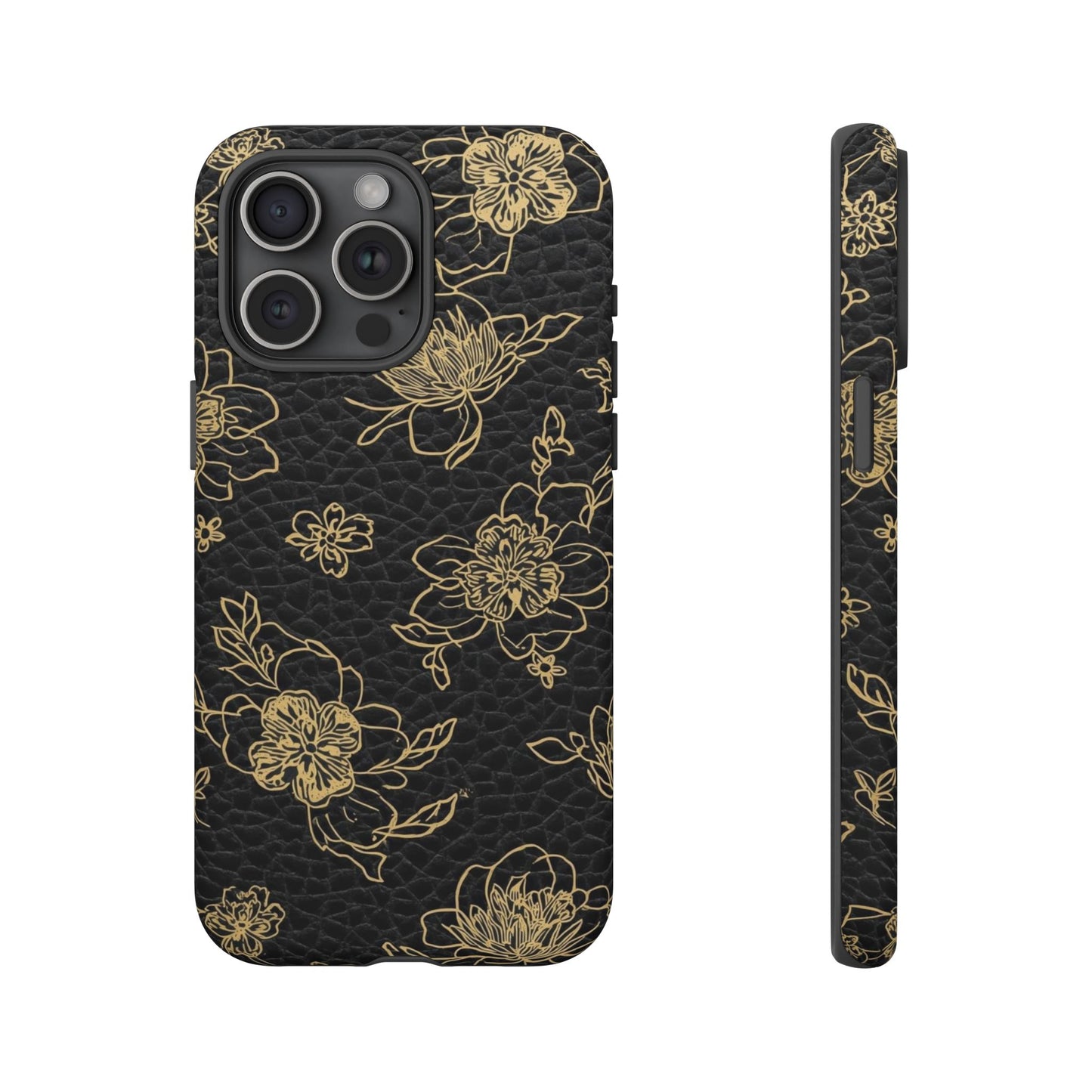 Floral Leather Phone Case — Gold Outline Flowers on Black Tough Case