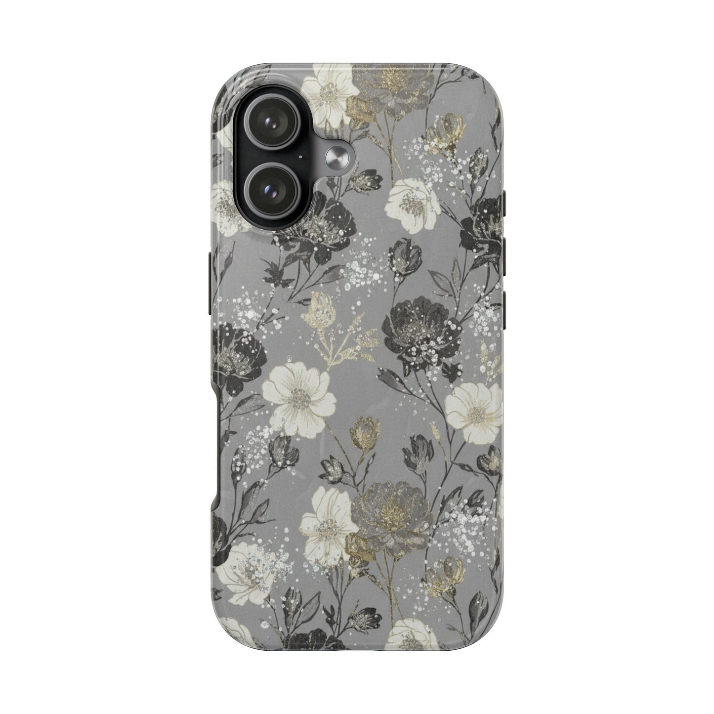 Floral Gray Tough Phone Case — Elegant Protective Phone Cover with Gold Accent