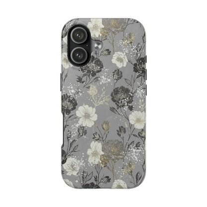 Floral Gray Tough Phone Case — Elegant Protective Phone Cover with Gold Accent