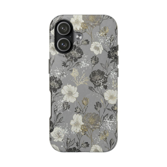 Floral Gray Tough Phone Case — Elegant Protective Phone Cover with Gold Accent