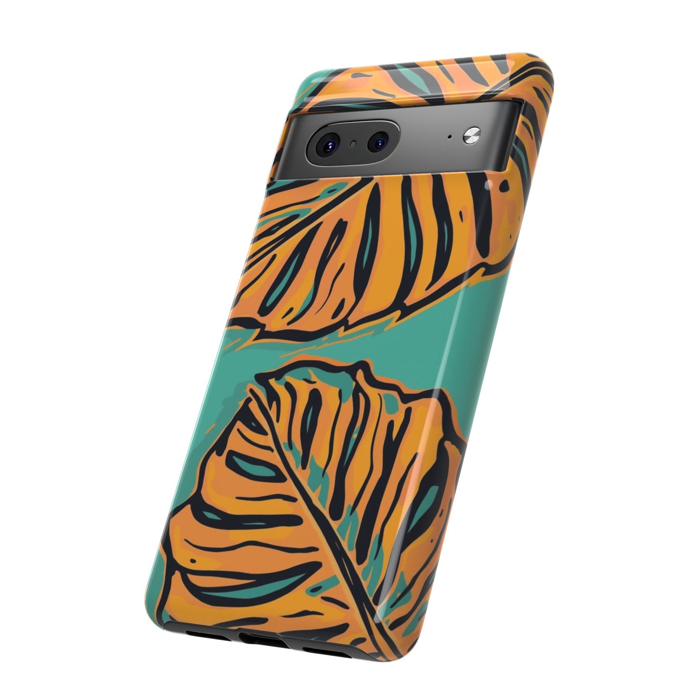 Tropical Leaf Tough Phone Case — Orange Monstera Design on Teal