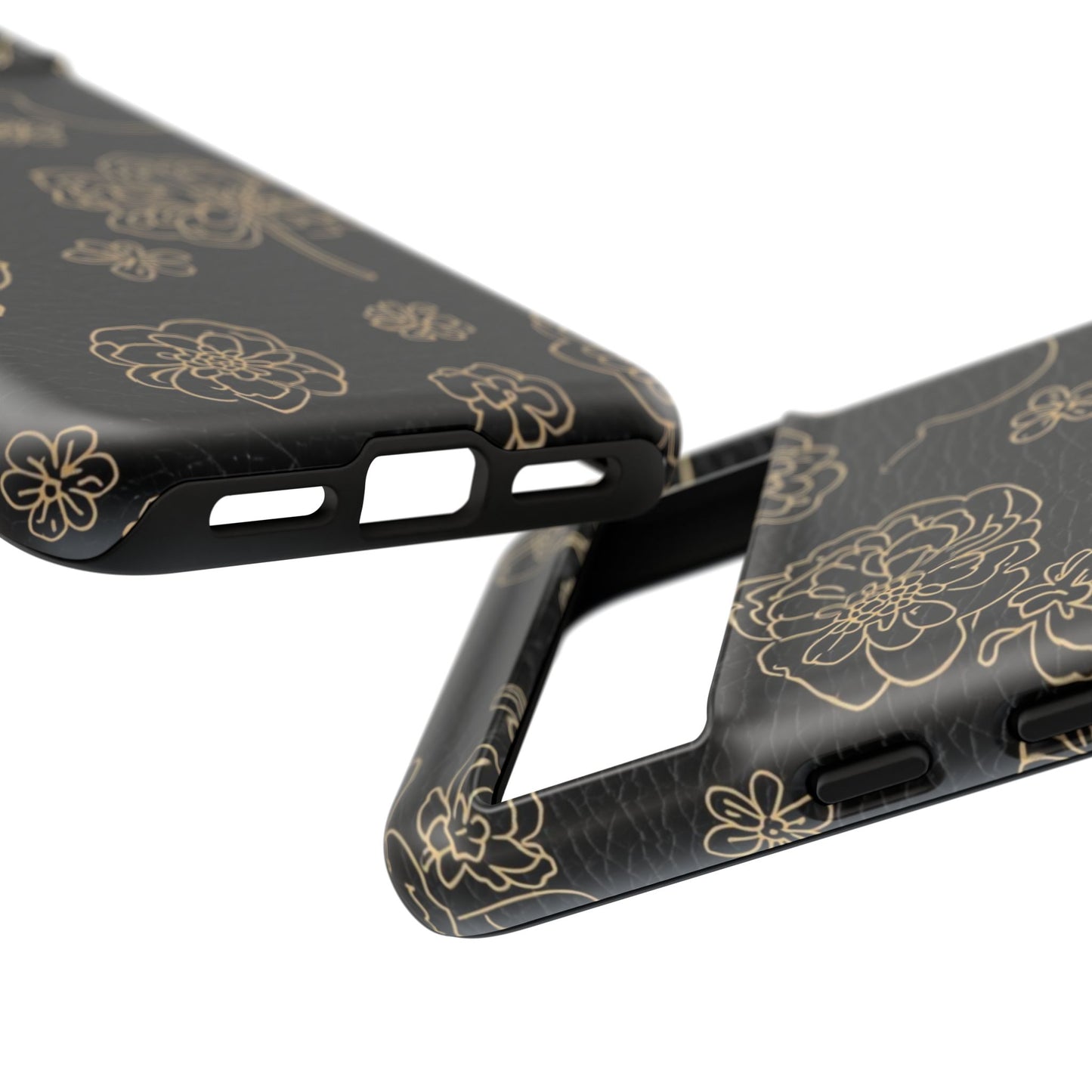 Floral Leather-Texture Tough Case – Black Gold Outline Phone Cover