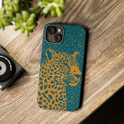 Leopard Print Tough Phone Case — Gold Panther on Teal, Protective iPhone Cover