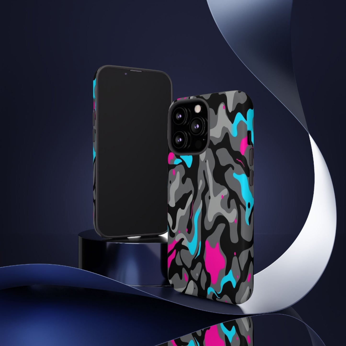 Camouflage Phone Case — Gray Camo with Neon Pink & Cyan Accent Tough Protective Cover