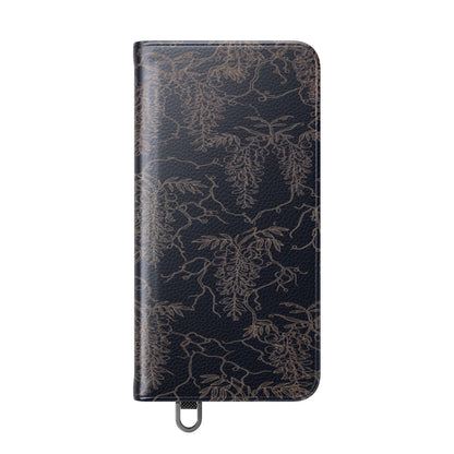 Botanical Noir Flip Phone Case — Dark Floral Wallet Cover with Card Slots