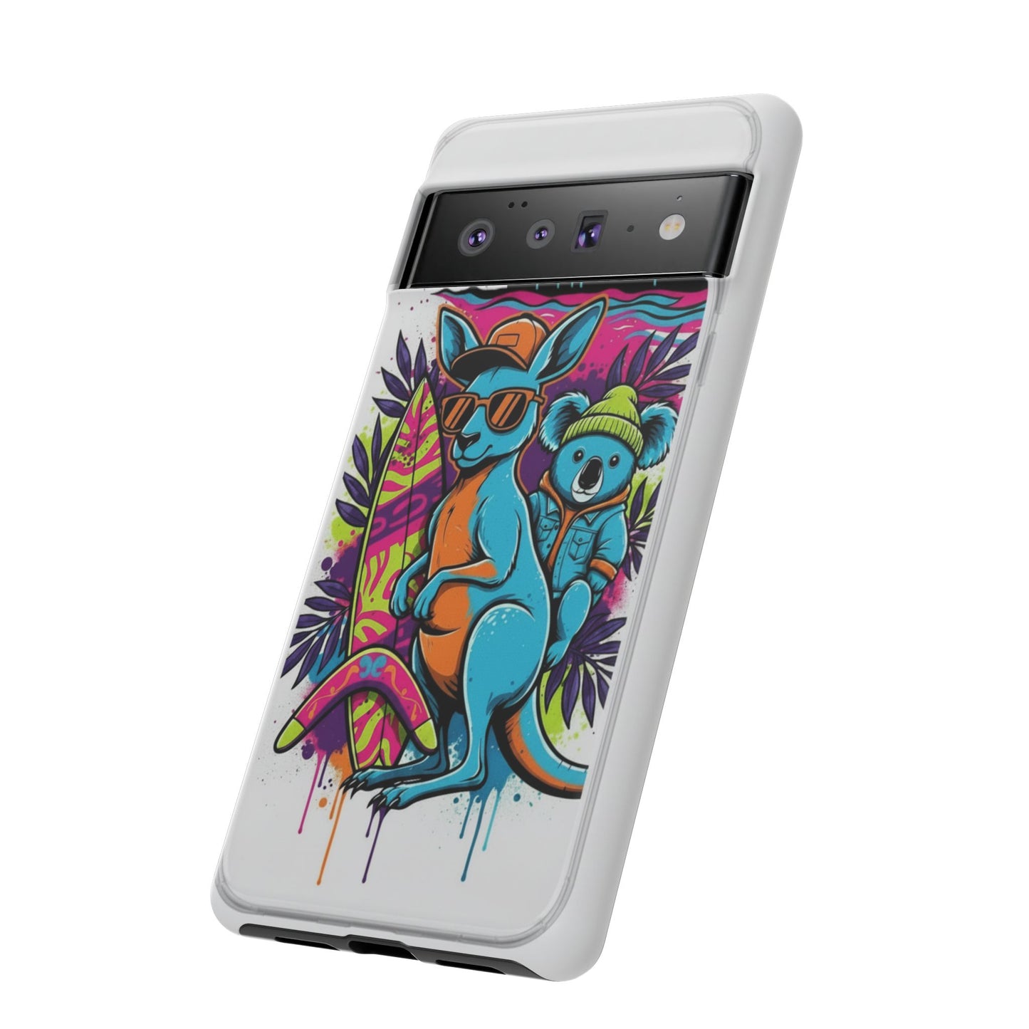 Kangaroo & Koala Surf Phone Case — Retro Neon Beach Art Tough Case