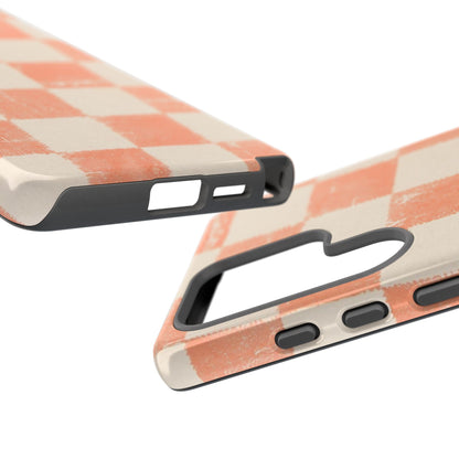 Peach Checkerboard Tough Phone Case — Retro Distressed Grid Design