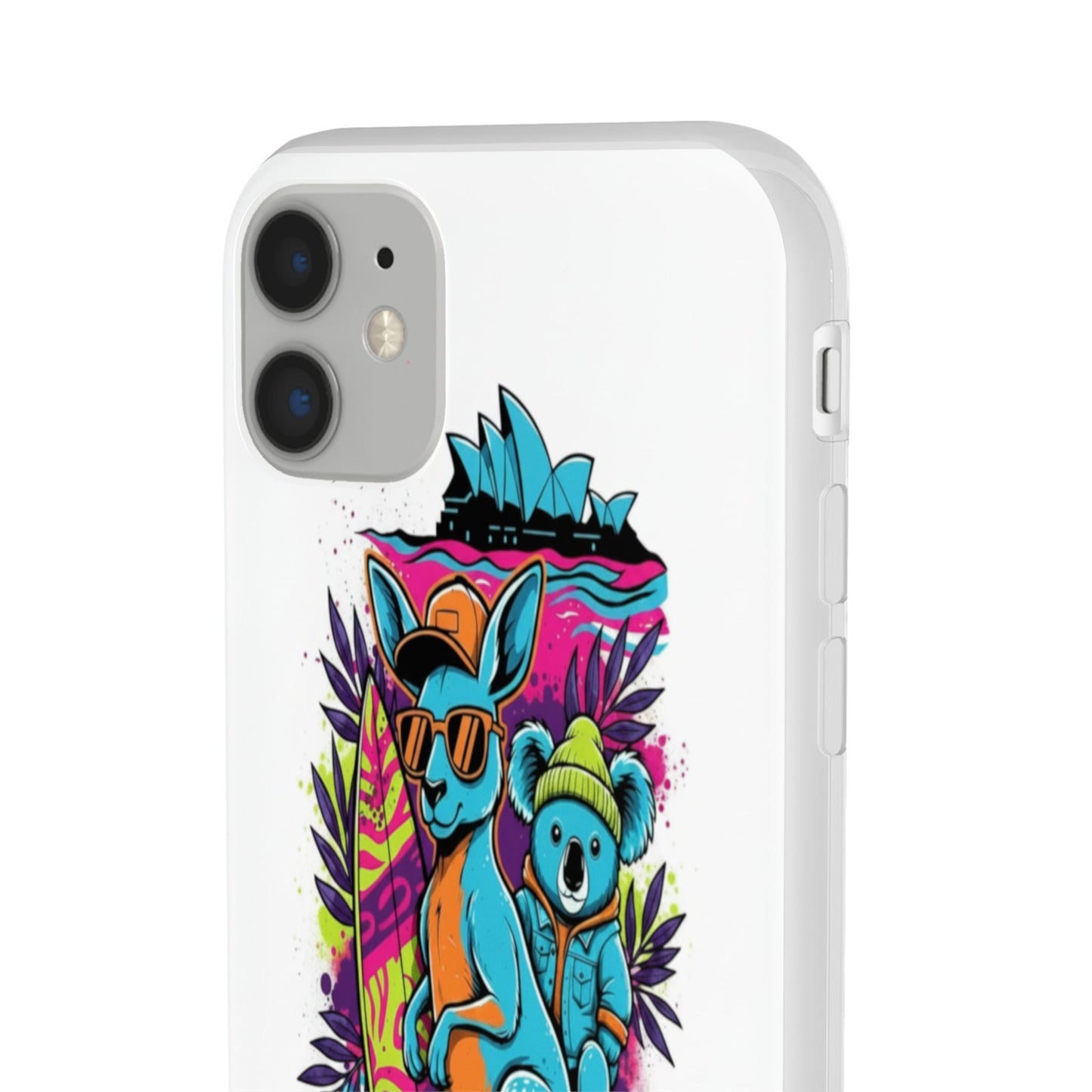 Kangaroo & Koala Surf Phone Case — Neon Aussie Beach Vibes Flexible Case