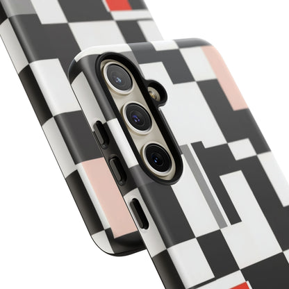 Abstract Geometric Phone Case – Black & White Checker Grid with Red Accent