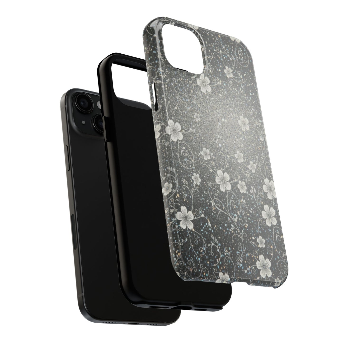 Floral Sparkle Tough Phone Case — Black & Silver Vintage Blossom