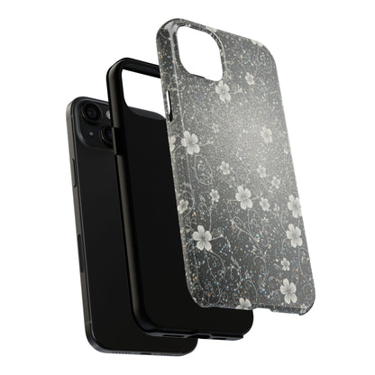 Floral Sparkle Tough Phone Case — Black & Silver Vintage Blossom