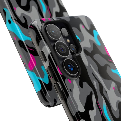 Camouflage Phone Case — Gray Camo with Neon Pink & Cyan Accent Tough Protective Cover