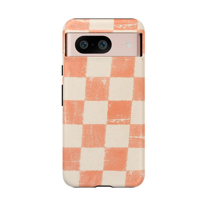 Peach Checkerboard Tough Phone Case — Retro Distressed Grid Design