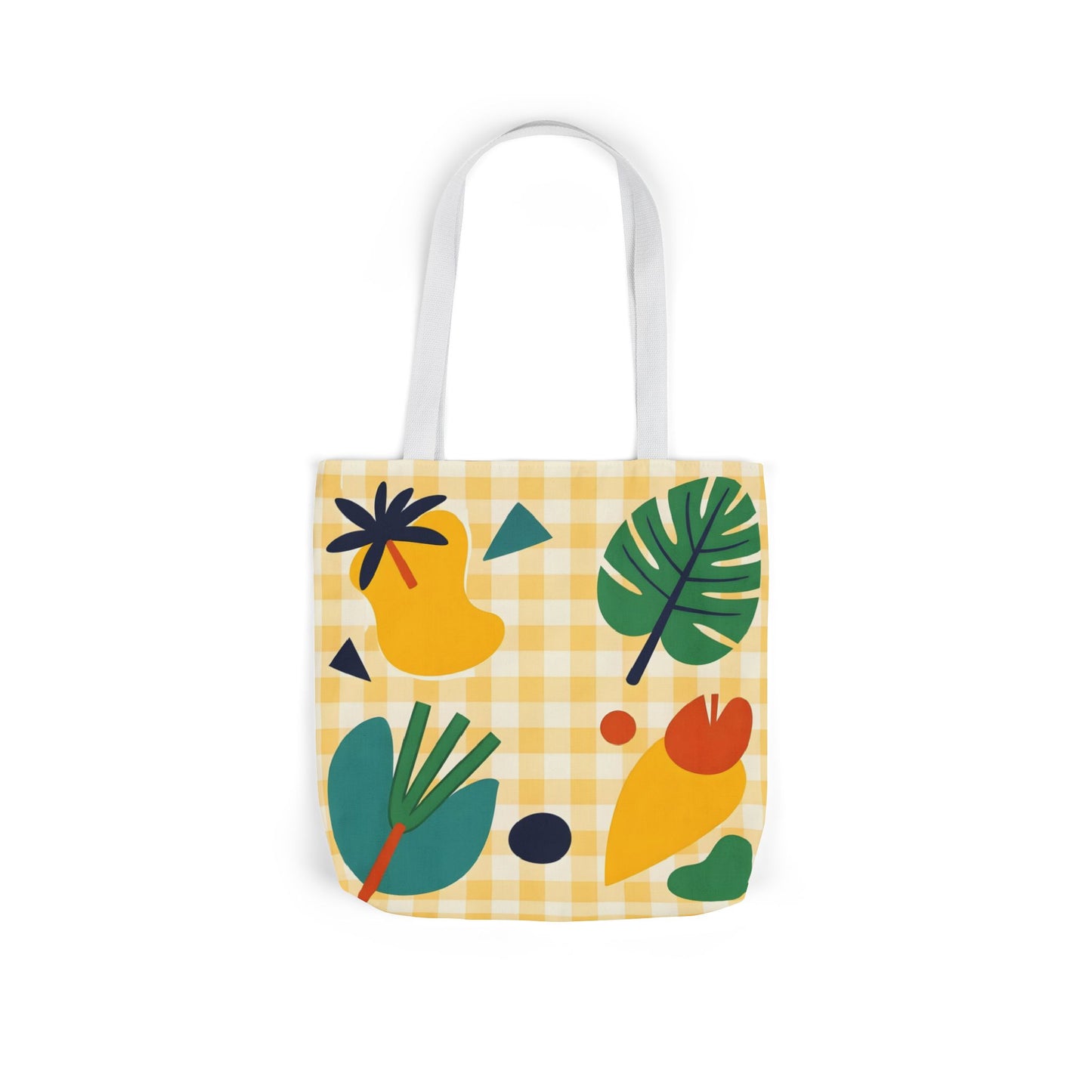 Tote Bag — Sunny Tropical Gingham Canvas Tote with Leaf & Abstract Print