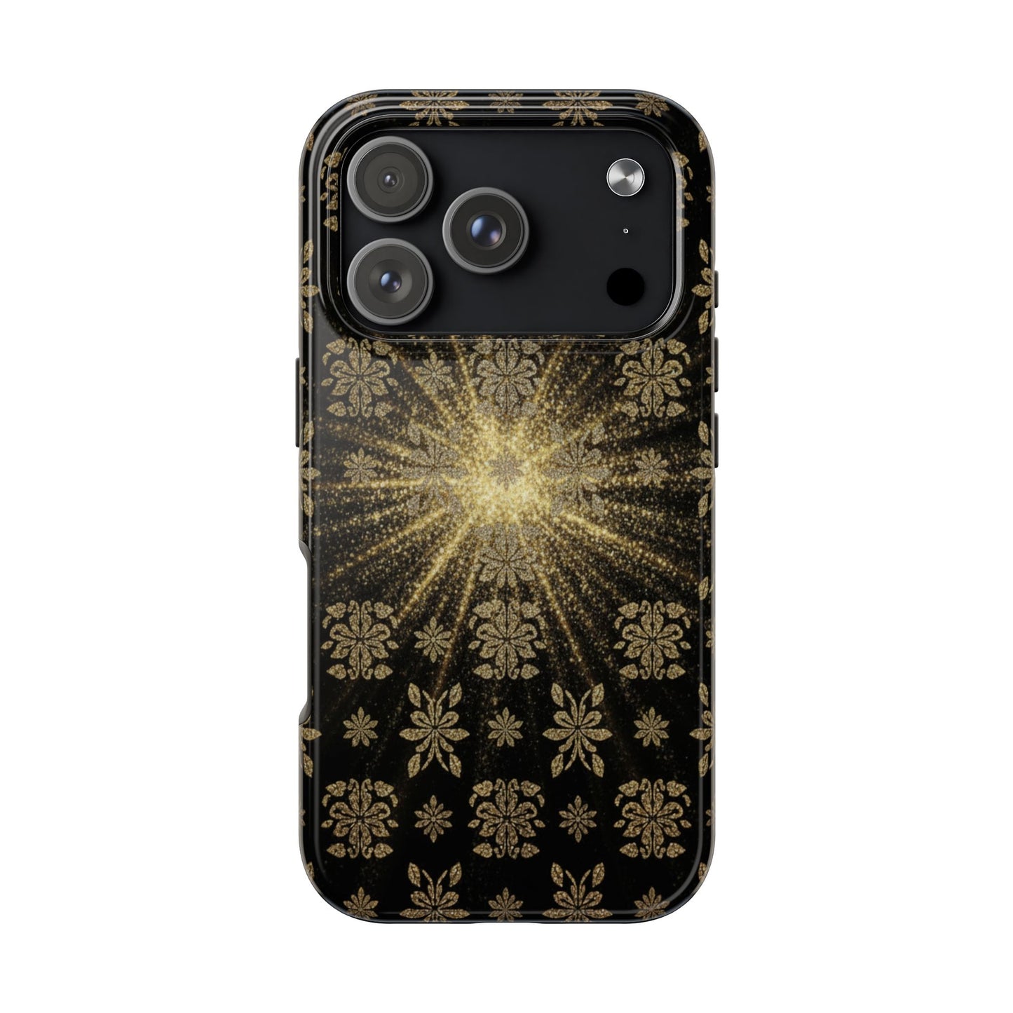 Glitter Burst Tough Phone Case — Black & Gold Floral Protective Cover