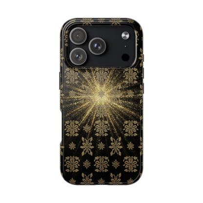 Glitter Burst Tough Phone Case — Black & Gold Floral Protective Cover