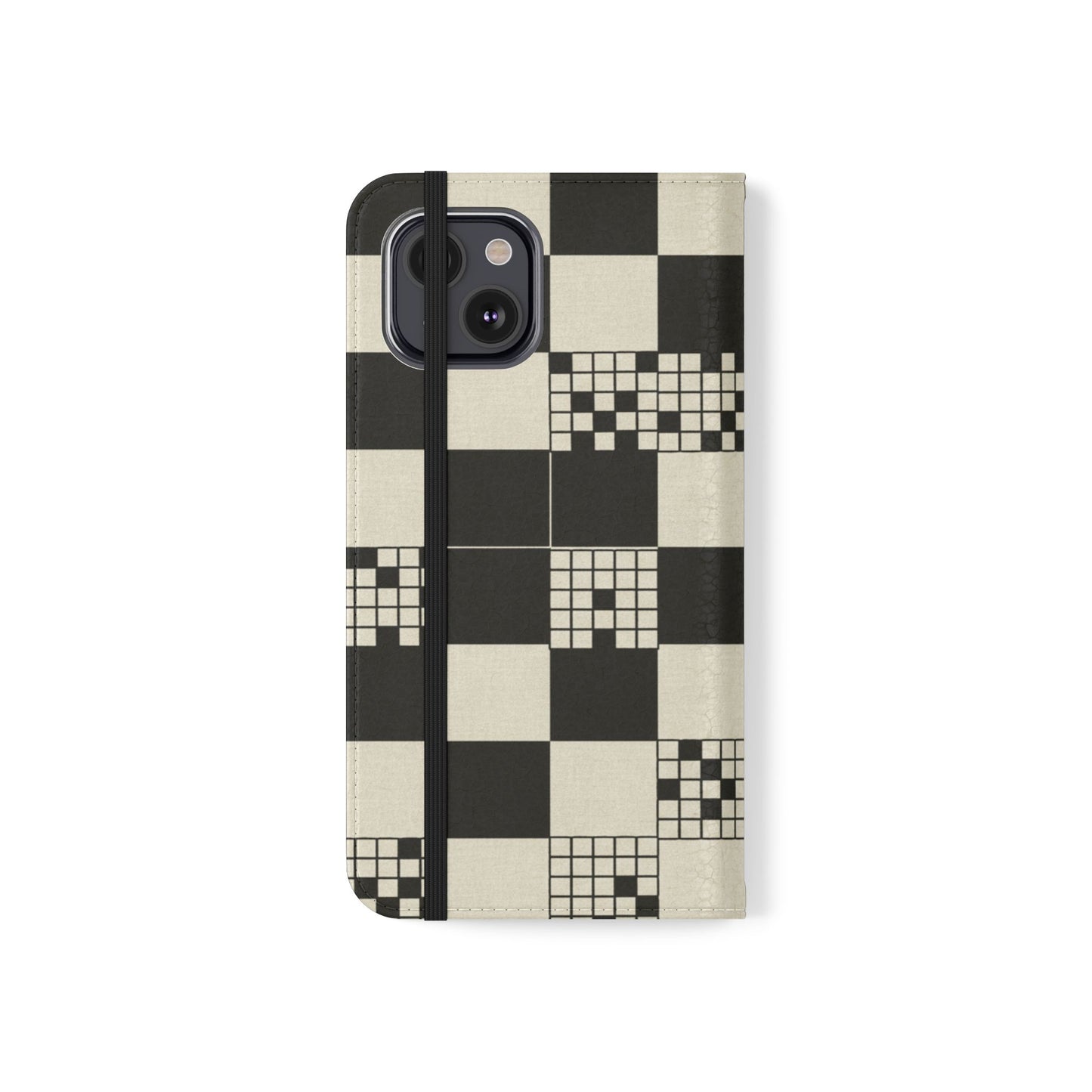 Checkerboard Flip Phone Case – Retro Black & Cream Geometric Wallet Case
