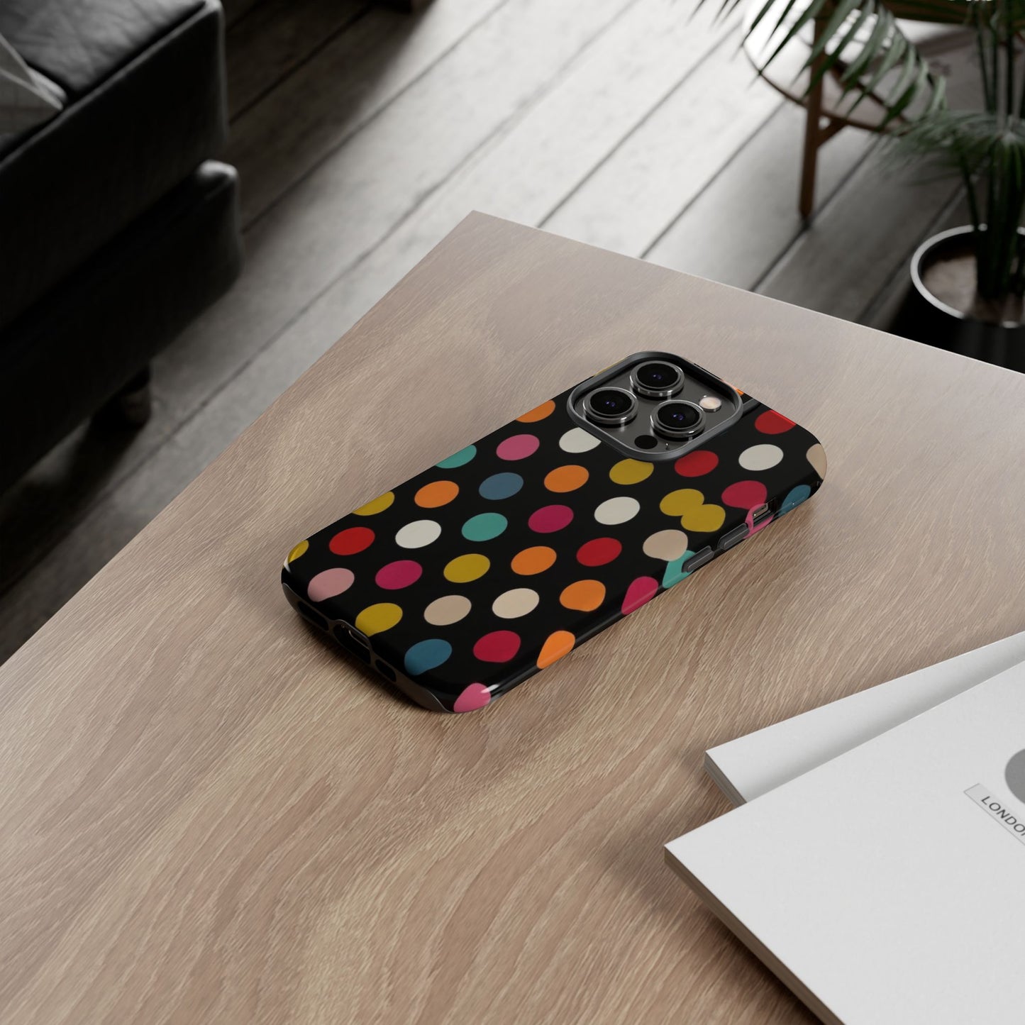 Polka Dot Tough Phone Case – Colorful Retro Dots on Black