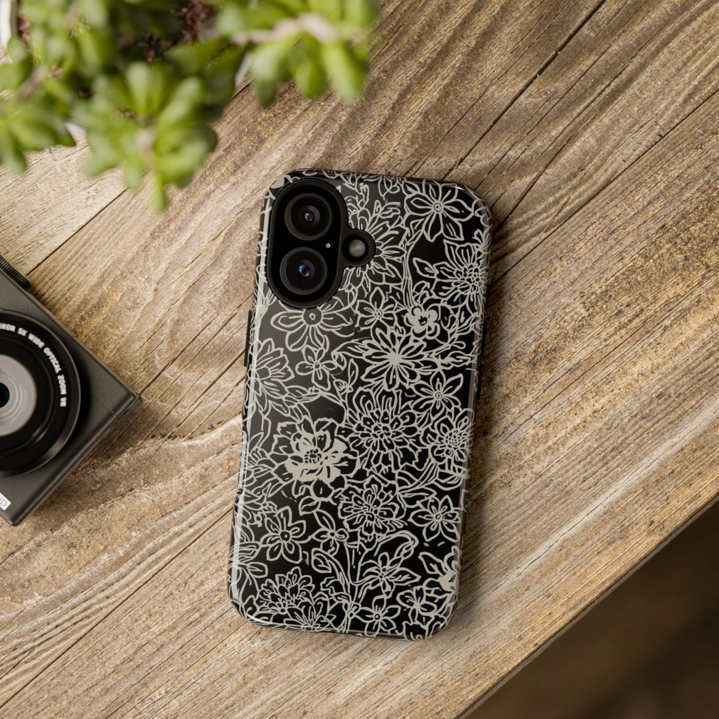 Floral Doodle Tough Phone Case — Black & White Sketch Flower Protective Cover