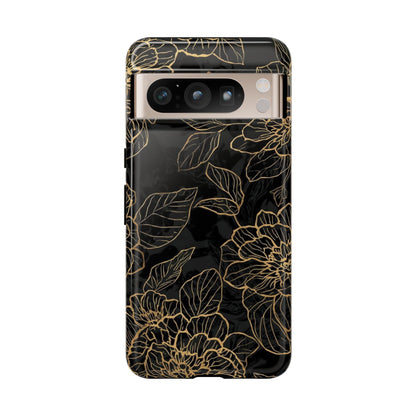 Floral Gold Outline Tough Phone Case – Black Botanical Protective Cover