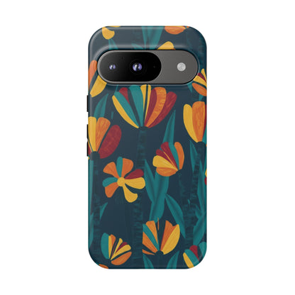 Floral Retro Teal Tough Phone Case — Vibrant Orange & Mustard Blooms