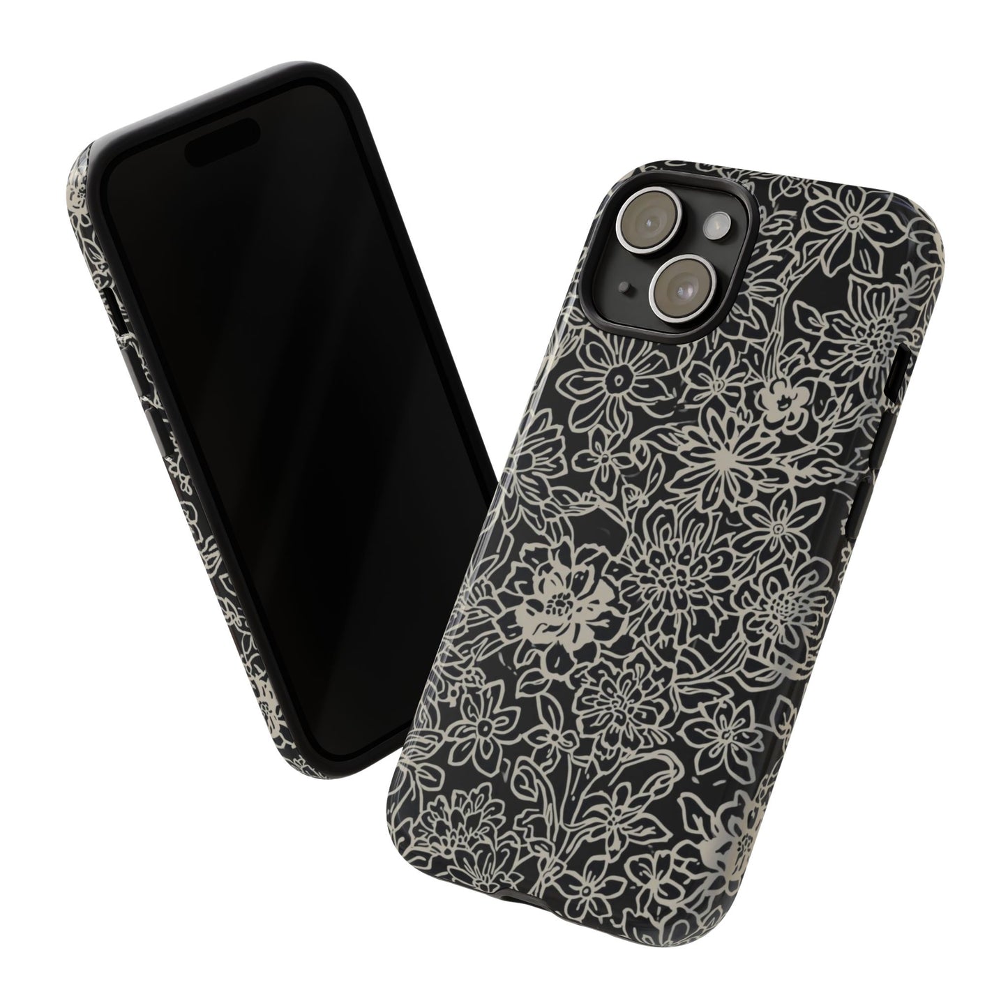 Floral Doodle Tough Phone Case — Black & White Sketch Flower Protective Cover