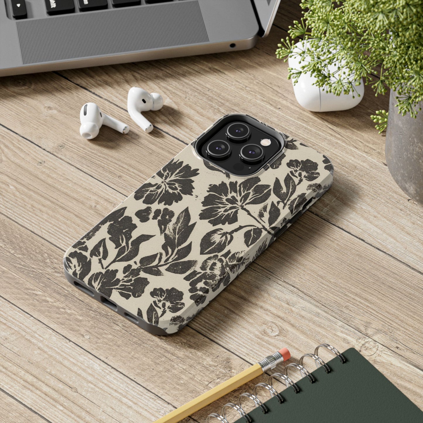 Floral Noir Tough Phone Case — Black Vintage Flower Protective Cover