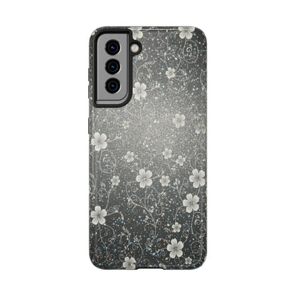 Floral Sparkle Tough Phone Case — Black & Silver Vintage Blossom