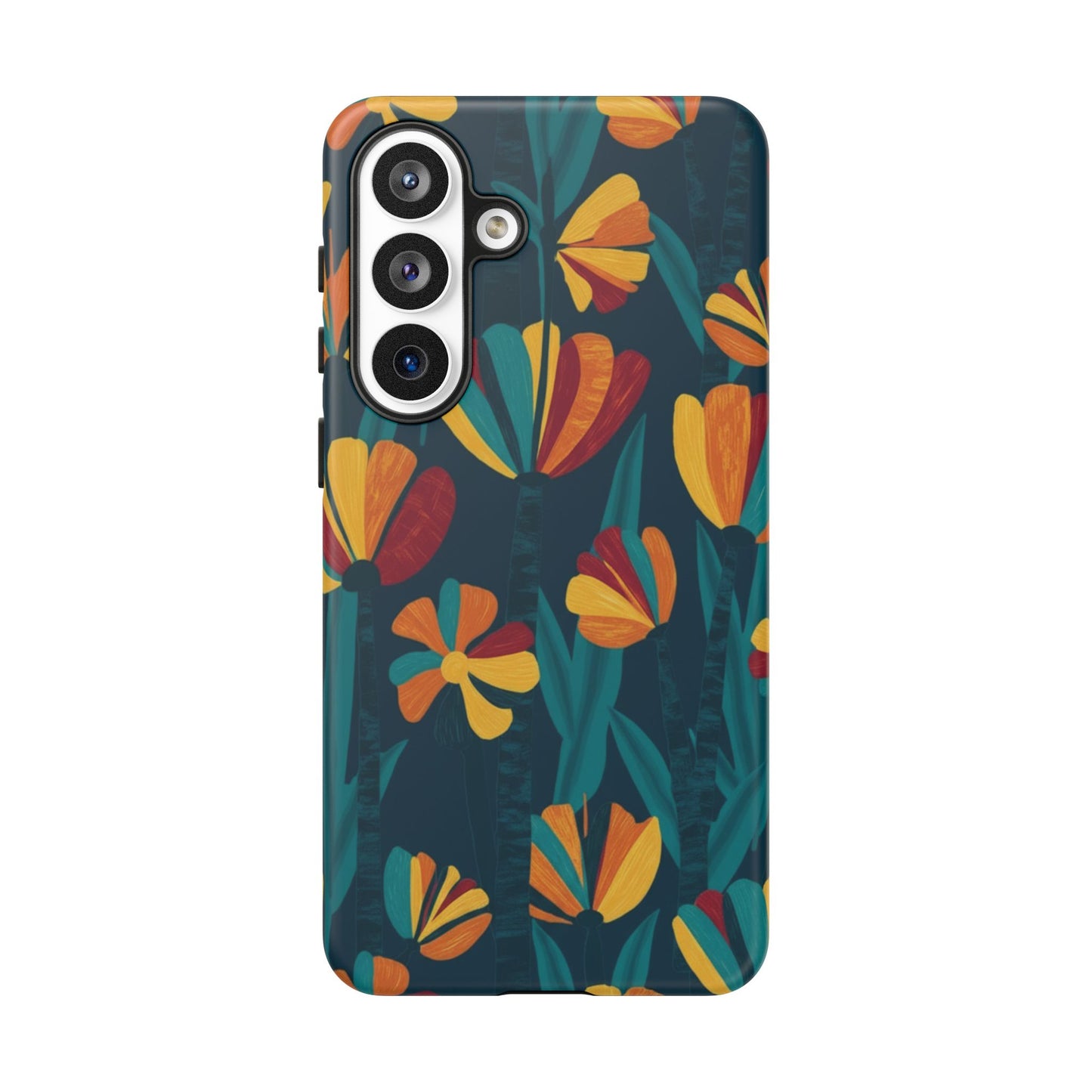 Floral Retro Teal Tough Phone Case — Vibrant Orange & Mustard Blooms