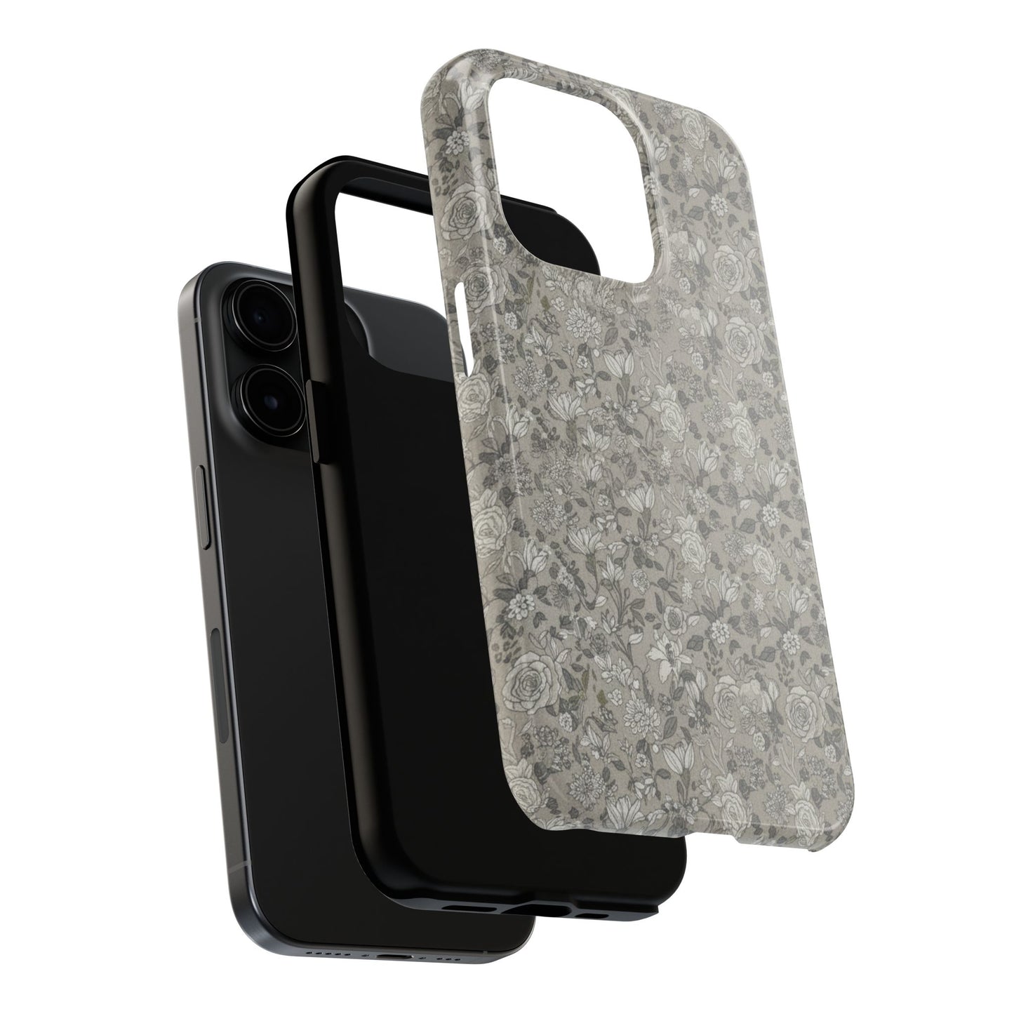 Gray Floral Tough Phone Case — Durable Protective Phone Cover with Vintage Botanical Pattern