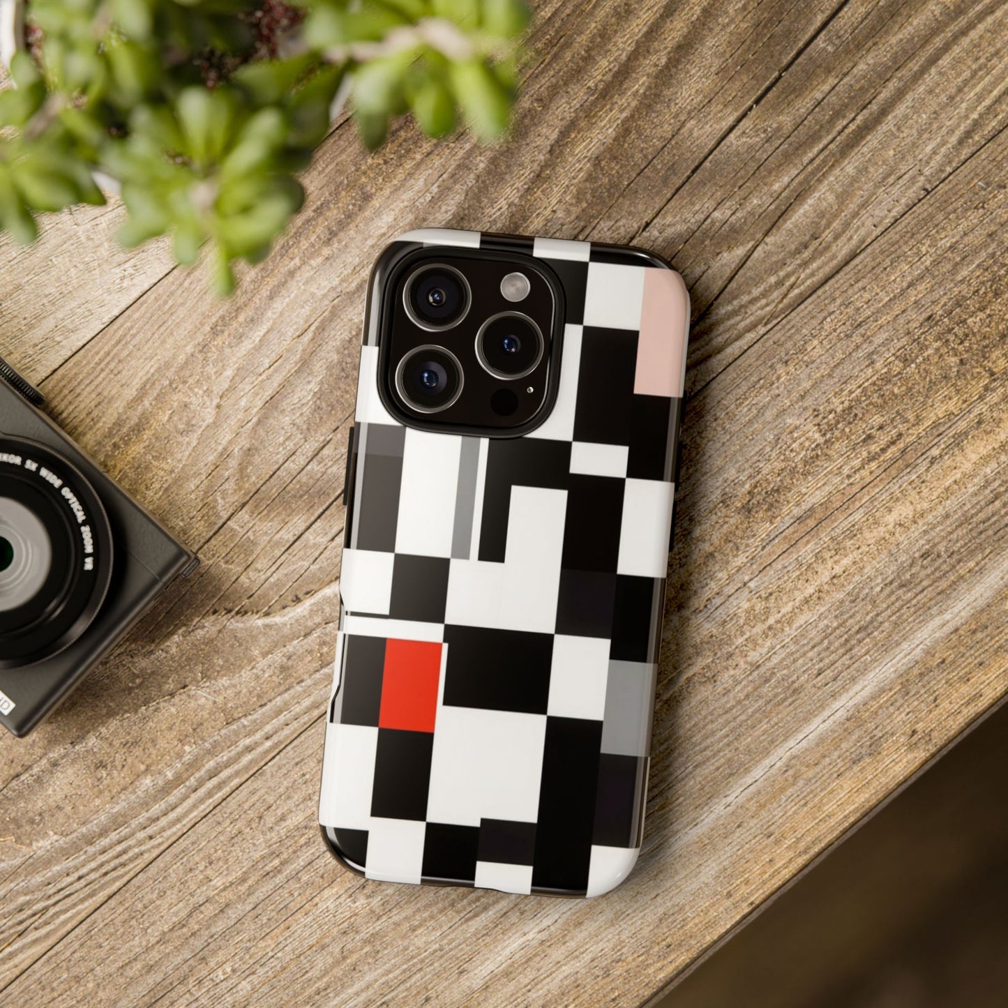 Abstract Geometric Phone Case – Black & White Checker Grid with Red Accent