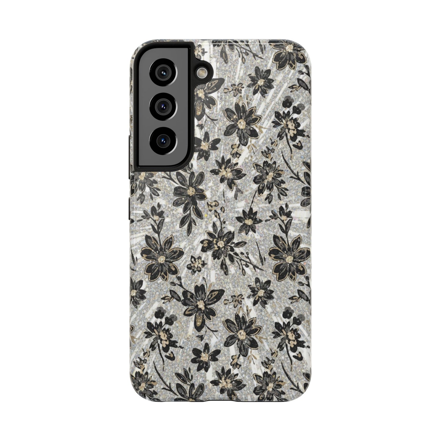 Floral Vintage Tough Phone Case — Black & Gray Rustic Flower Protective Case