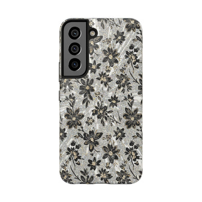 Floral Vintage Tough Phone Case — Black & Gray Rustic Flower Protective Case